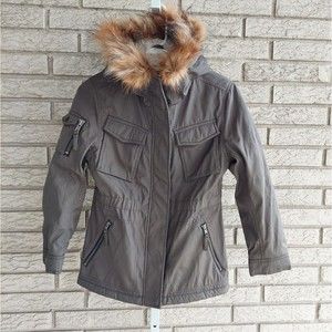 S13 Olive Green Sherpa Lined Parka w/Faux Fur Trim Hood Winter 12 Big Kids EUC